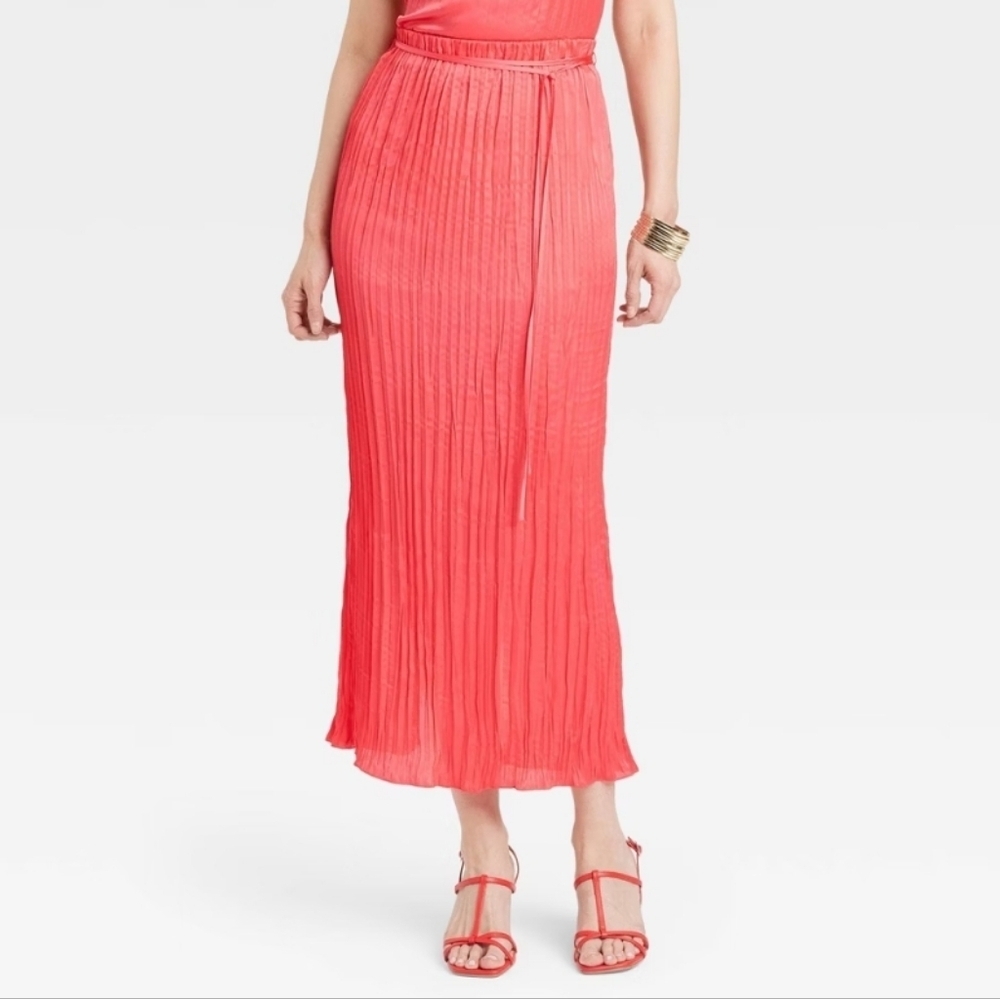Women's Textured CrinkleSatin Midi Skirt - A New Day Coral Pink L
